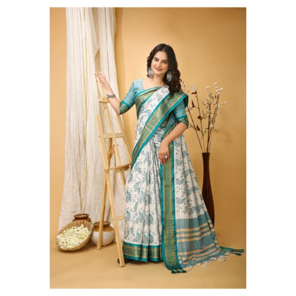 Women's Soft Cotton Silk Printed Saree With Unstitched Blouse 5.5Mtr (Turquoise) - Image 3