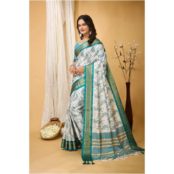Women's Soft Cotton Silk Printed Saree With Unstitched Blouse 5.5Mtr (Turquoise) - Image 2