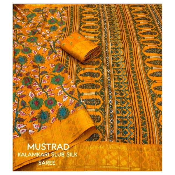 Women's Soft Dola Cotton Kalamkari Printed Saree With Unstitched Blouse 5.5Mtr (Yellow) - Image 3