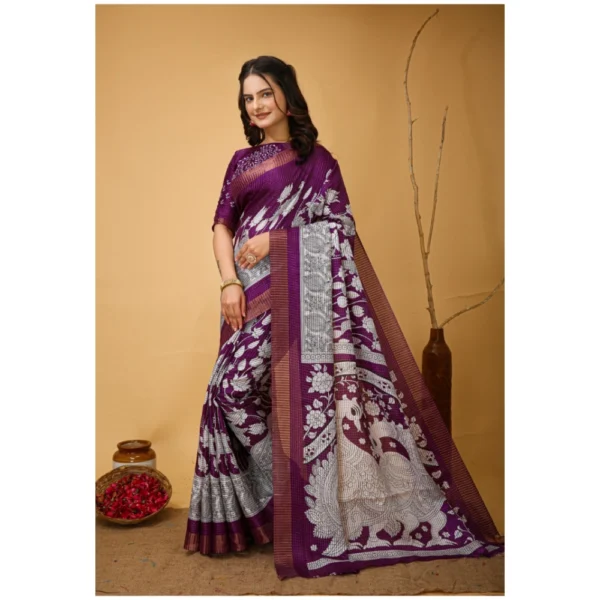 Women's Soft Handloom Cotton Kalamkari Printed Saree With Unstitched Blouse 5.5Mtr (Purple) - Image 3