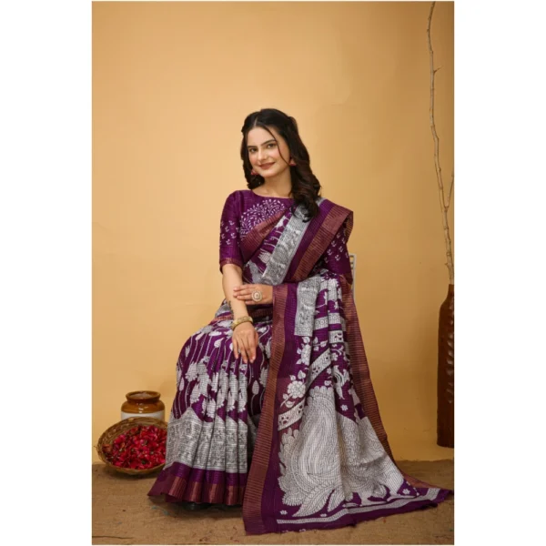 Women's Soft Handloom Cotton Kalamkari Printed Saree With Unstitched Blouse 5.5Mtr (Purple) - Image 2