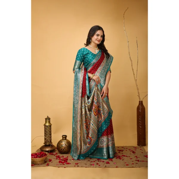 Women's Soft Dola Cotton Kalamkari Printed Saree With Unstitched Blouse 5.5Mtr (Red) - Image 2