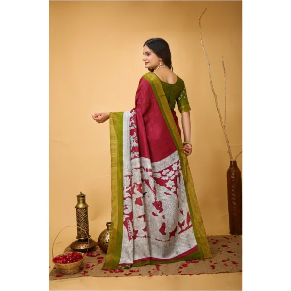 Women's Soft Handloom Cotton Kalamkari Printed Saree With Unstitched Blouse 5.5Mtr (Maroon) - Image 4