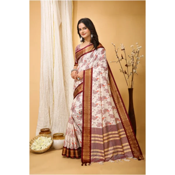 Women's Soft Cotton Silk Printed Saree With Unstitched Blouse 5.5Mtr (Maroon) - Image 4