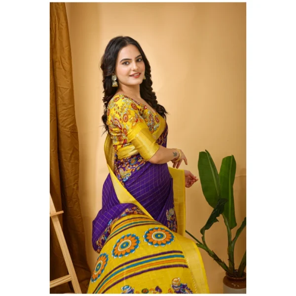 Women's Soft Dola Cotton Kalamkari Printed Saree With Unstitched Blouse 5.5Mtr (Purple) - Image 2