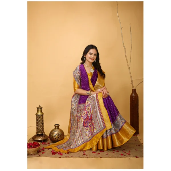 Women's Soft Dola Cotton Kalamkari Printed Saree With Unstitched Blouse 5.5Mtr (Purple) - Image 2