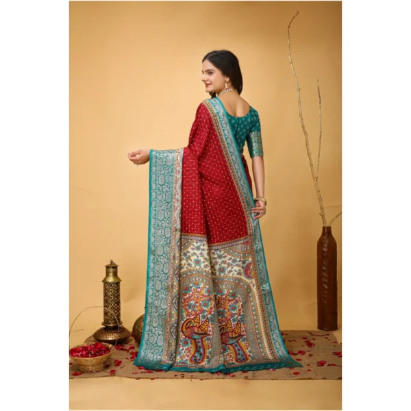 Women's Soft Dola Cotton Kalamkari Printed Saree With Unstitched Blouse 5.5Mtr (Red) - Image 3