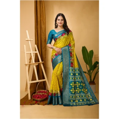 Women's Soft Dola Cotton Kalamkari Printed Saree With Unstitched Blouse 5.5Mtr (Yellow)