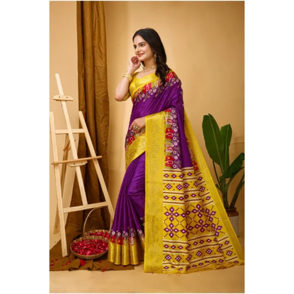 Women's Soft Dola Cotton Kalamkari Printed Saree With Unstitched Blouse 5.5Mtr (Purple) - Image 4