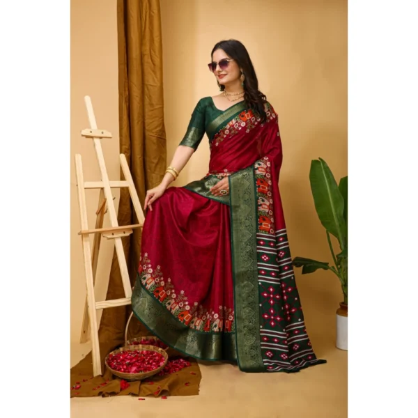 Women's Soft Dola Cotton Kalamkari Printed Saree With Unstitched Blouse 5.5Mtr (Red) - Image 2