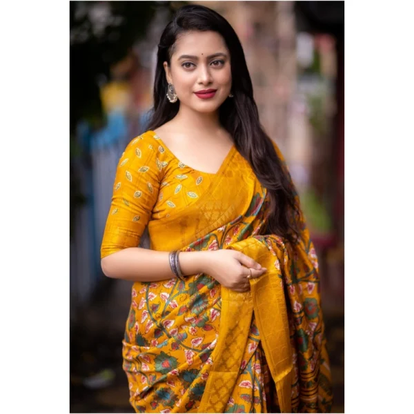 Women's Soft Dola Cotton Kalamkari Printed Saree With Unstitched Blouse 5.5Mtr (Yellow) - Image 4