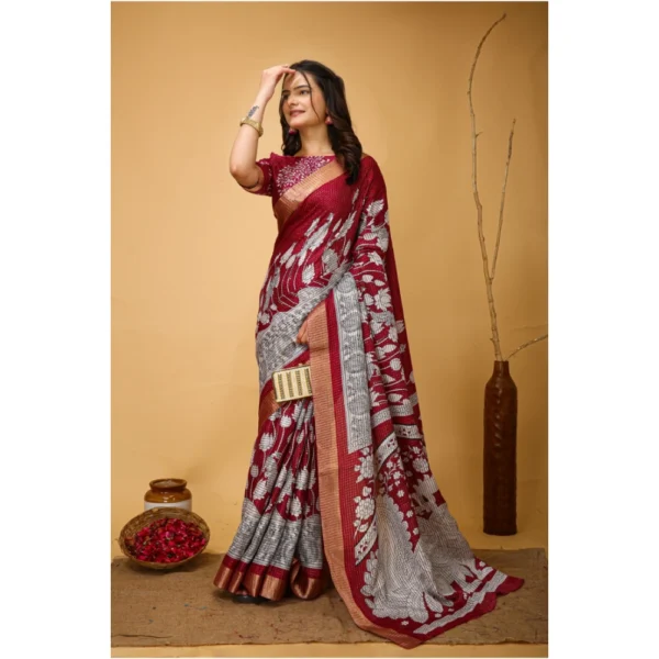 Women's Soft Handloom Cotton Kalamkari Printed Saree With Unstitched Blouse 5.5Mtr (Maroon) - Image 2