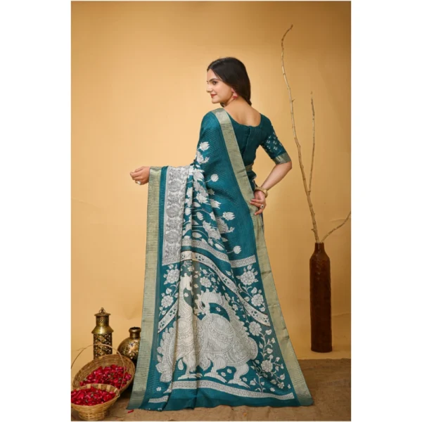 Women's Soft Handloom Cotton Kalamkari Printed Saree With Unstitched Blouse 5.5Mtr (Turquoise) - Image 3