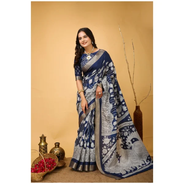 Women's Soft Handloom Cotton Kalamkari Printed Saree With Unstitched Blouse 5.5Mtr (Blue) - Image 2