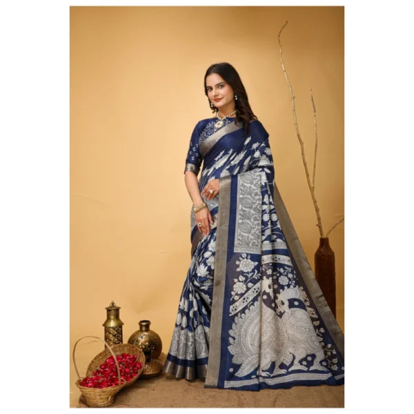Women's Soft Handloom Cotton Kalamkari Printed Saree With Unstitched Blouse 5.5Mtr (Blue) - Image 4