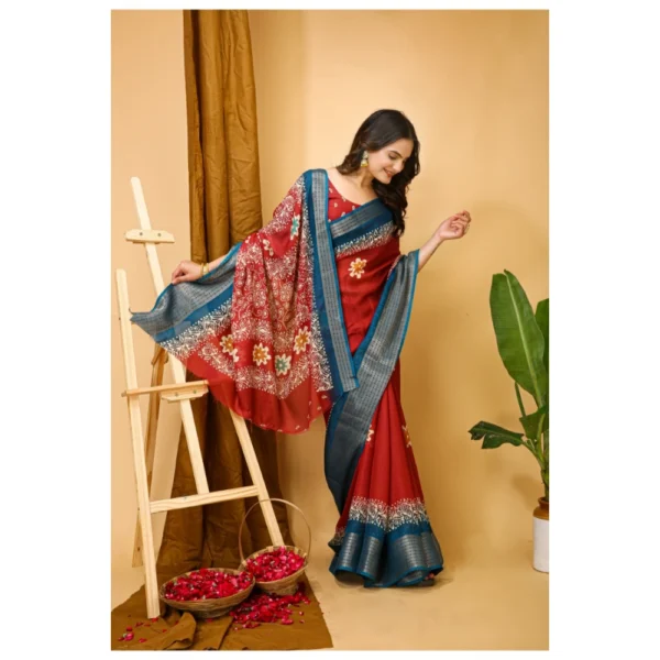 Women's Soft Blooming Marshmallow Fabric Kalamkari Printed Saree With Unstitched Blouse 5.5Mtr (Red) - Image 2