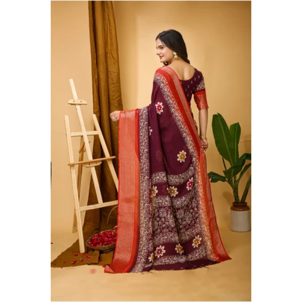 Women's Soft Blooming Marshmallow Fabric Kalamkari Printed Saree With Unstitched Blouse 5.5Mtr (Wine) - Image 3