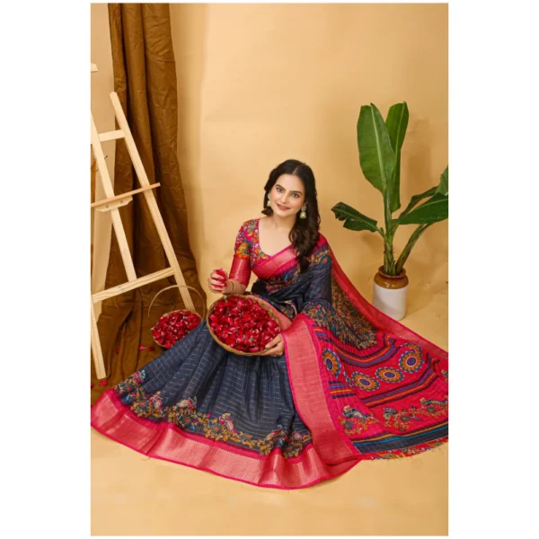 Women's Soft Dola Cotton Kalamkari Printed Saree With Unstitched Blouse 5.5Mtr (Grey) - Image 2