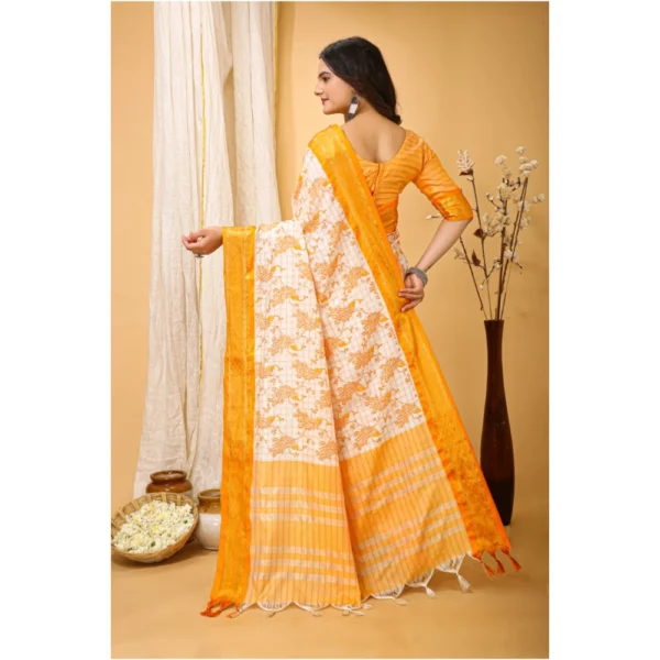 Women's Soft Cotton Silk Printed Saree With Unstitched Blouse 5.5Mtr (Yellow) - Image 3