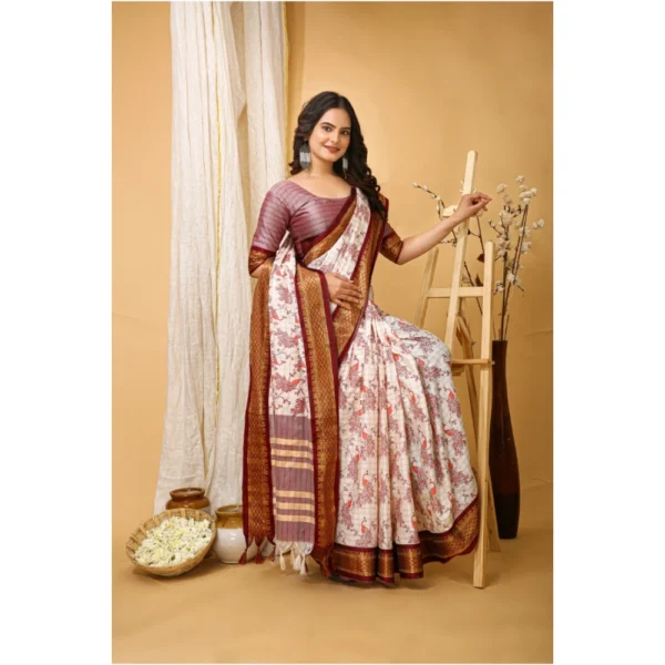 Women's Soft Cotton Silk Printed Saree With Unstitched Blouse 5.5Mtr (Maroon) - Image 2