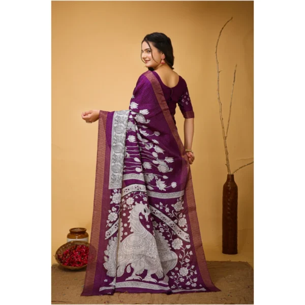 Women's Soft Handloom Cotton Kalamkari Printed Saree With Unstitched Blouse 5.5Mtr (Purple) - Image 4