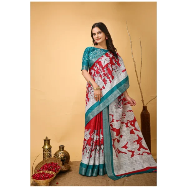 Women's Soft Handloom Cotton Kalamkari Printed Saree With Unstitched Blouse 5.5Mtr (Red) - Image 2