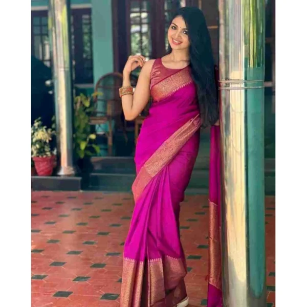 Women's Soft Lichi Silk Solid Saree With Unstitched Blouse 5.5Mtr (Pink) - Image 3