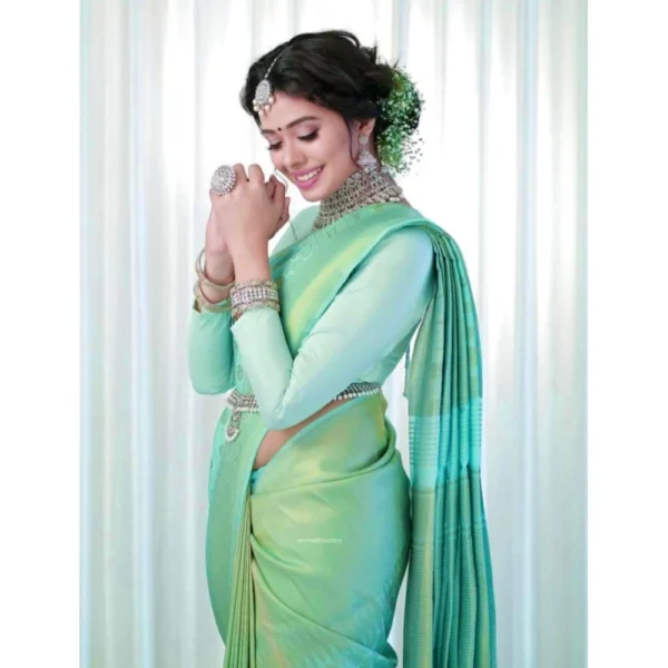 Women's Soft Lichi Silk Printed Saree With Unstitched Blouse 5.5Mtr (Light Green) - Image 3