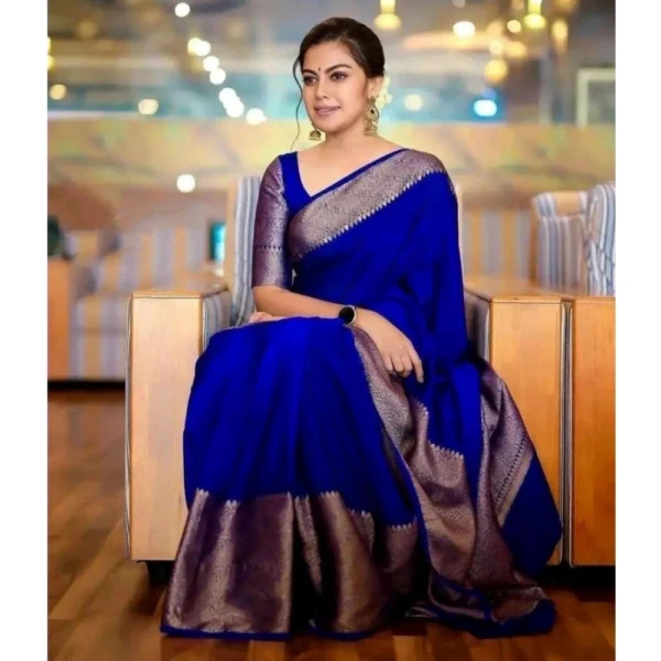 Women's Soft Lichi Silk Solid Saree With Unstitched Blouse 5.5Mtr (Blue) - Image 4