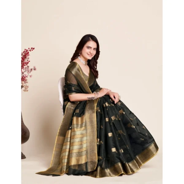 Women's Silk Blend Printed Banarasi Saree With Unstitched Blouse (5.5Mtr, Black) - Image 3