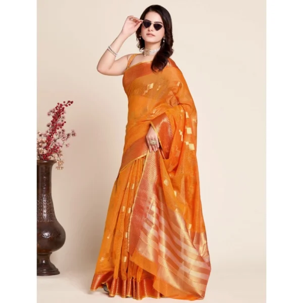 Women's Silk Blend Printed Banarasi Saree With Unstitched Blouse (5.5Mtr, Orange) - Image 2
