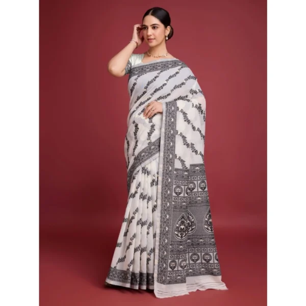 Women's Jamdani Cotton Silk Printed Saree With Unstitched Blouse 5.5Mtr (Black) - Image 4