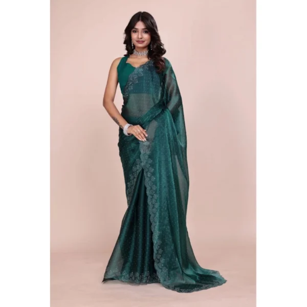 Women's Jimmy choo Embellished Bollywood Saree With Unstitched Blouse 5.5Mtr (Green) - Image 2