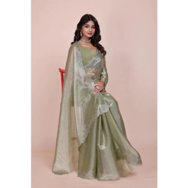 Women's Jimmy choo Embellished Bollywood Saree With Unstitched Blouse 5.5Mtr (Light Green) - Image 2