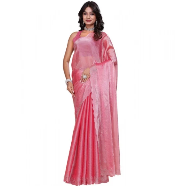 Women's Jimmy choo Embellished Bollywood Saree With Unstitched Blouse 5.5Mtr (Pink) - Image 2