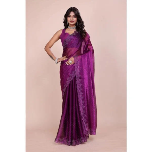 Women's Tissue Pure Silk Embellished Bollywood Saree With Unstitched Blouse 5.5Mtr (Purple) - Image 2