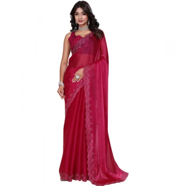 Women's Jimmy choo Embellished Bollywood Saree With Unstitched Blouse 5.5Mtr (Red) - Image 2