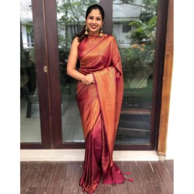 Women's Litchi silk Printed Saree With Unstitched Blouse (Red)