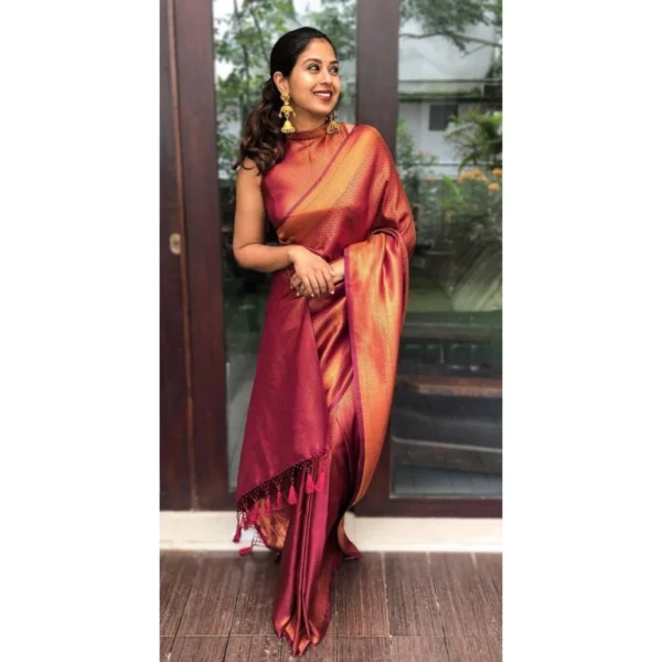Women's Litchi silk Printed Saree With Unstitched Blouse (Red) - Image 3