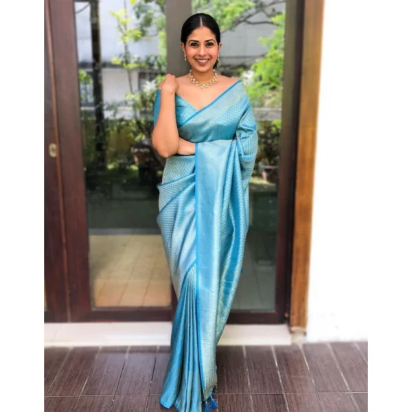 Women's Litchi silk Printed Saree With Unstitched Blouse (Sky Blue) - Image 2