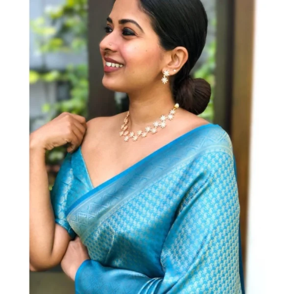 Women's Litchi silk Printed Saree With Unstitched Blouse (Sky Blue) - Image 3