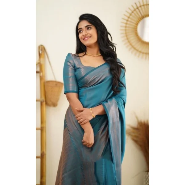 Women's Litchi silk Printed Saree With Unstitched Blouse (Rama Blue) - Image 4