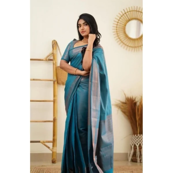 Women's Litchi silk Printed Saree With Unstitched Blouse (Rama Blue) - Image 3