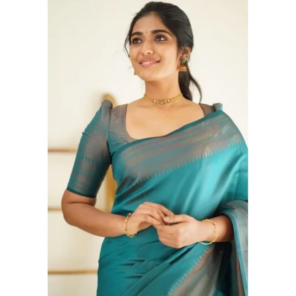 Women's Litchi silk Printed Saree With Unstitched Blouse (Rama Blue) - Image 2