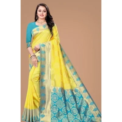 Women's Litchi silk Printed Saree With Unstitched Blouse (Yellow)