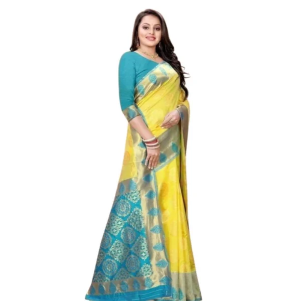 Women's Litchi silk Printed Saree With Unstitched Blouse (Yellow) - Image 3