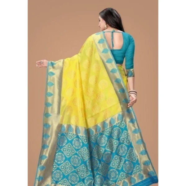 Women's Litchi silk Printed Saree With Unstitched Blouse (Yellow) - Image 2