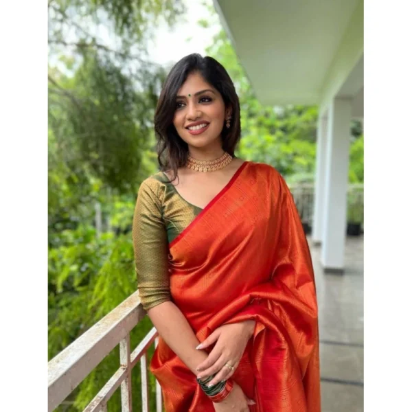 Women's Litchi silk Printed Saree With Unstitched Blouse (Red) - Image 2