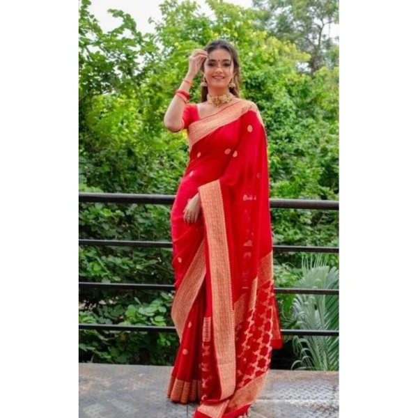 Women's Litchi silk Printed Saree With Unstitched Blouse (Red) - Image 3