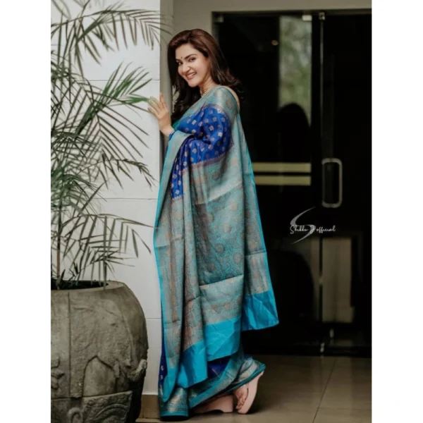 Women's Litchi silk Printed Saree With Unstitched Blouse (Navy Blue) - Image 2